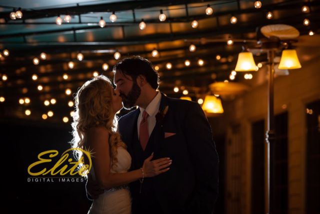 A married couple sharing a kiss at night.
